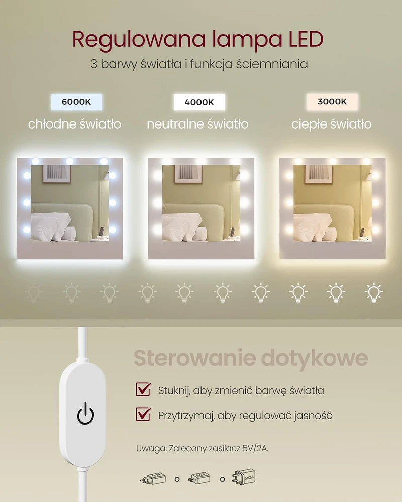 VASAGLE KAILYN tualetinis staliukas su LED veidrodžiu, 5 stalčiais ir įkrovimo stotele