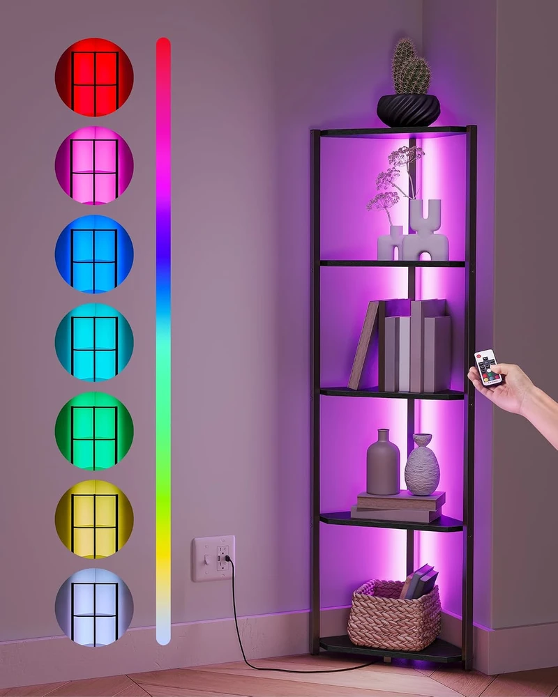 Vasagle Kampinė lentyna su 5 lygiais ir LED apšvietimu juodmedžio juoda