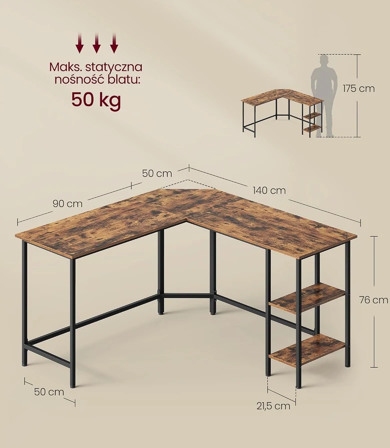 VASAGLE kampinis kompiuterio stalas L formos 138 x 138 cm su 2 lentynomis LWD72X