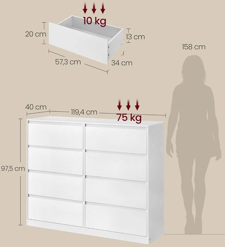 VASAGLE komoda su 8 stalčiais, 119,4 × 40 × 97,5 cm, LTS618WE01