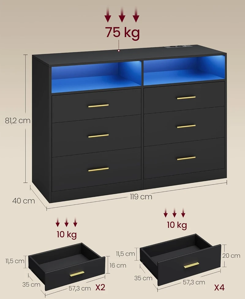 VASAGLE komoda su LED apšvietimu ir maitinimo lizdais, 6 stalčių, 40 × 119 × 81,2 cm, LTS316BC01