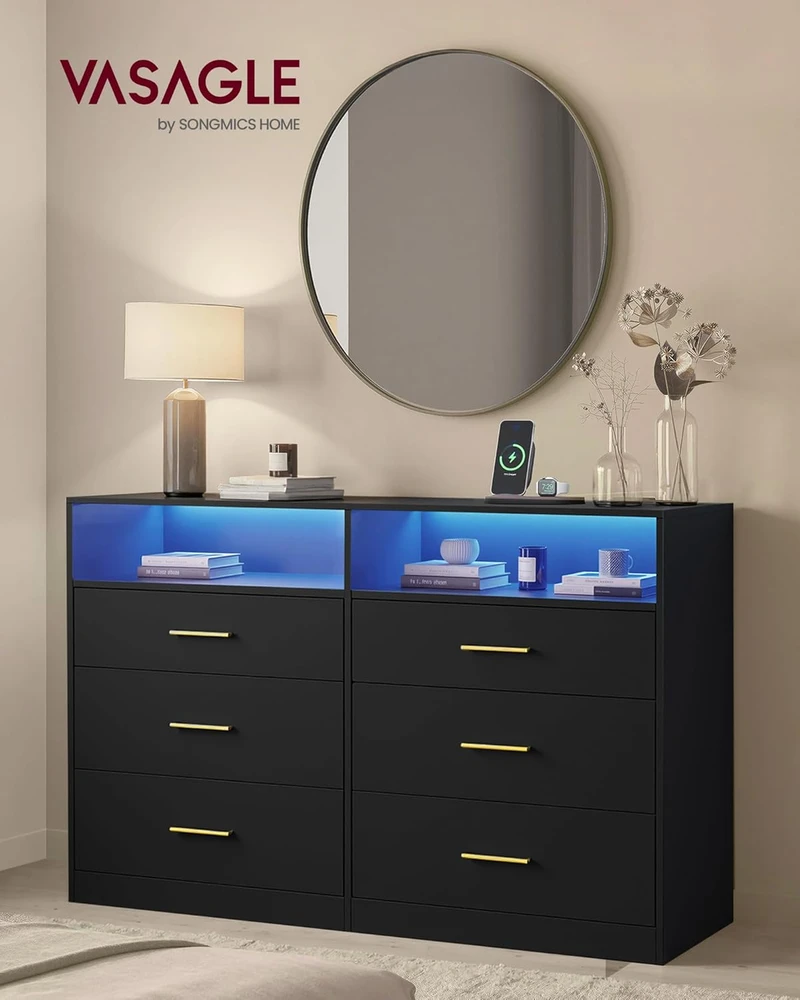 VASAGLE komoda su LED apšvietimu ir maitinimo lizdais, 6 stalčių, 40 × 119 × 81,2 cm, LTS316BC01
