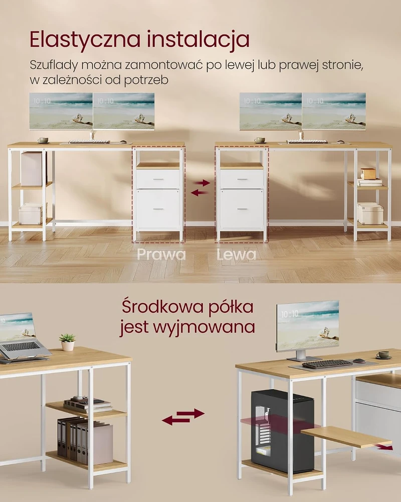 VASAGLE kompiuterinis stalas su 3 lentynomis ir 2 stalčiais, 140 x 60 cm, LWD104Y01