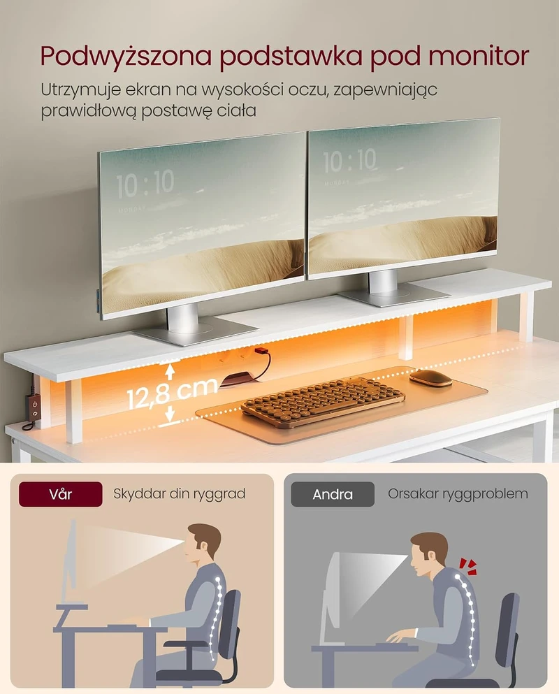 VASAGLE kompiuterinis stalas su LED apšvietimu, monitoriaus stovu ir USB-A LWD094W01