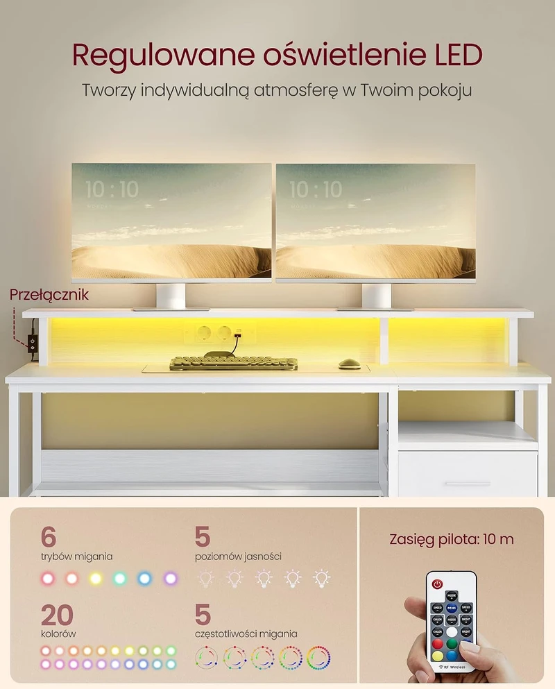 VASAGLE kompiuterinis stalas su LED apšvietimu, monitoriaus stovu ir USB-A LWD094W01