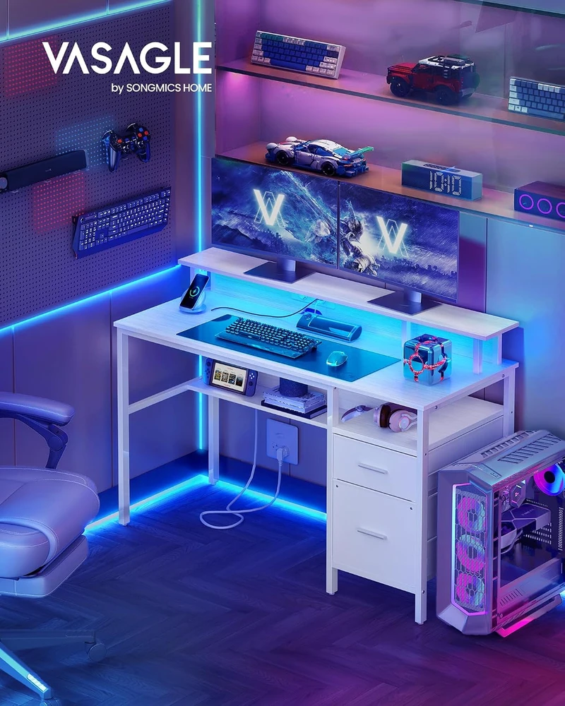 VASAGLE kompiuterinis stalas su LED apšvietimu, monitoriaus stovu ir USB-A LWD094W01
