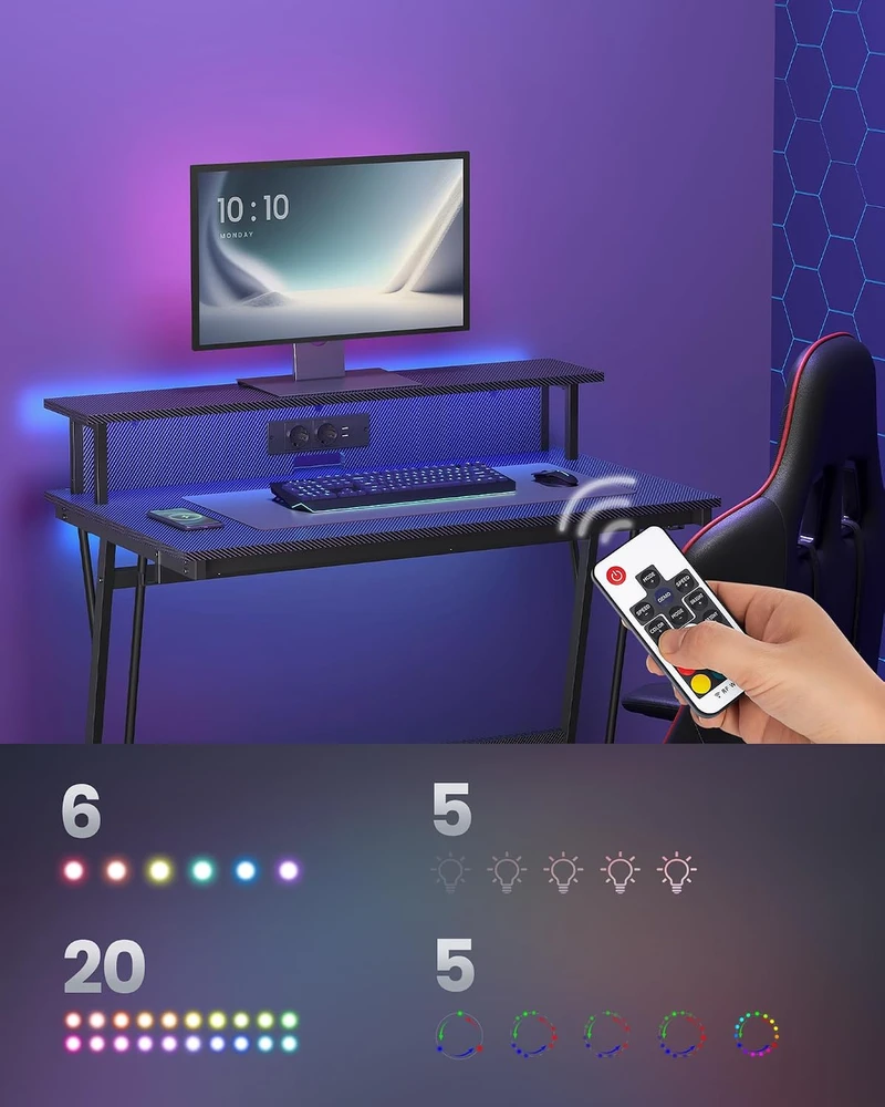 VASAGLE kompiuterinis stalas su LED apšvietimu, maitinimo lizdais ir monitoriaus stovu B3LWHD1299B565