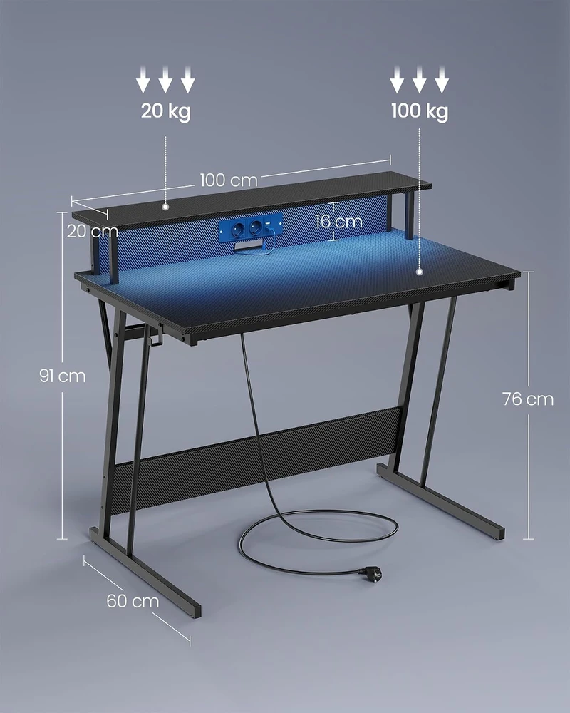 VASAGLE kompiuterinis stalas su LED apšvietimu, maitinimo lizdais ir monitoriaus stovu B3LWHD1299B565