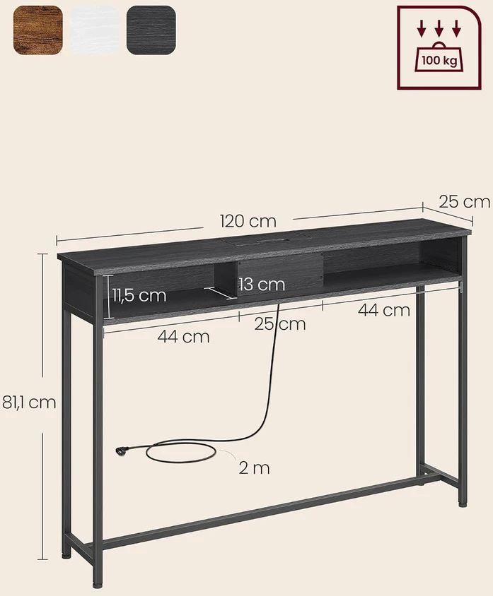 VASAGLE konsolinis staliukas su elektros lizdais ir USB, 120 x 25 x 81 cm, LNT111B01
