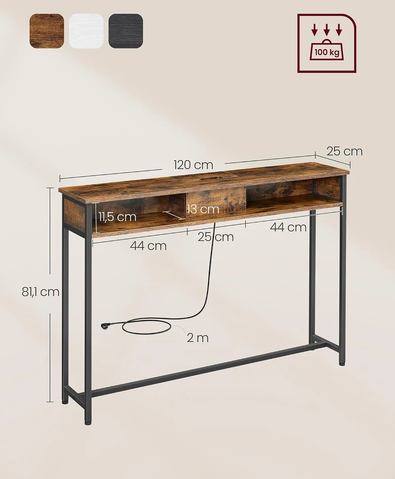 VASAGLE konsolinis staliukas su lizdais ir USB jungtimis, 120 × 25 × 81 cm, LNT111K01