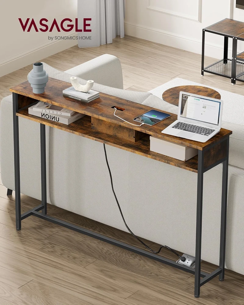 VASAGLE konsolinis staliukas su lizdais ir USB jungtimis, 120 × 25 × 81 cm, LNT111K01