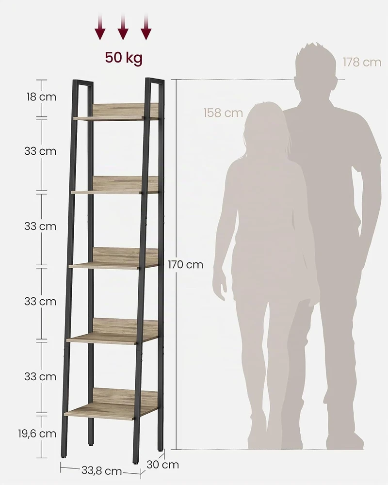 VASAGLE kopėčių lentyna su 5 lentynomis, 33,8 x 30 x 170 cm, LLS109B50V2