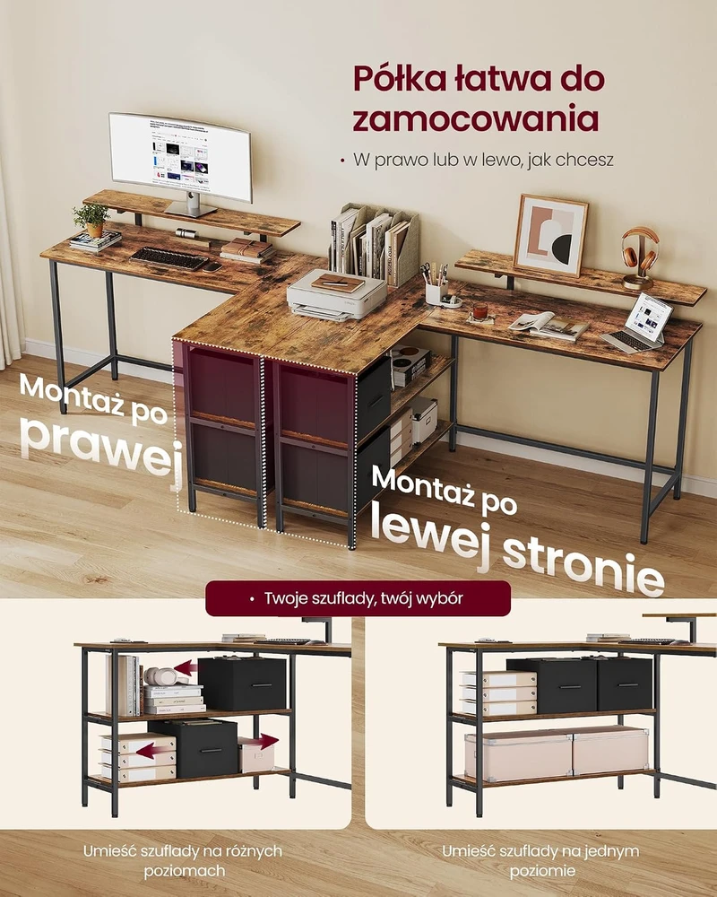 Vasagle L formos rašomasis stalas su 2 stalčiais 135 x 105 cm