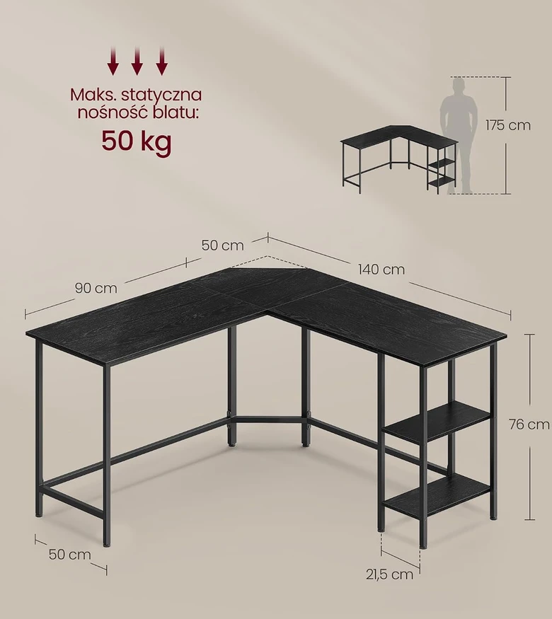 VASAGLE L formos kompiuterinis stalas 138 x 138 cm su 2 lentynomis LWD072B56