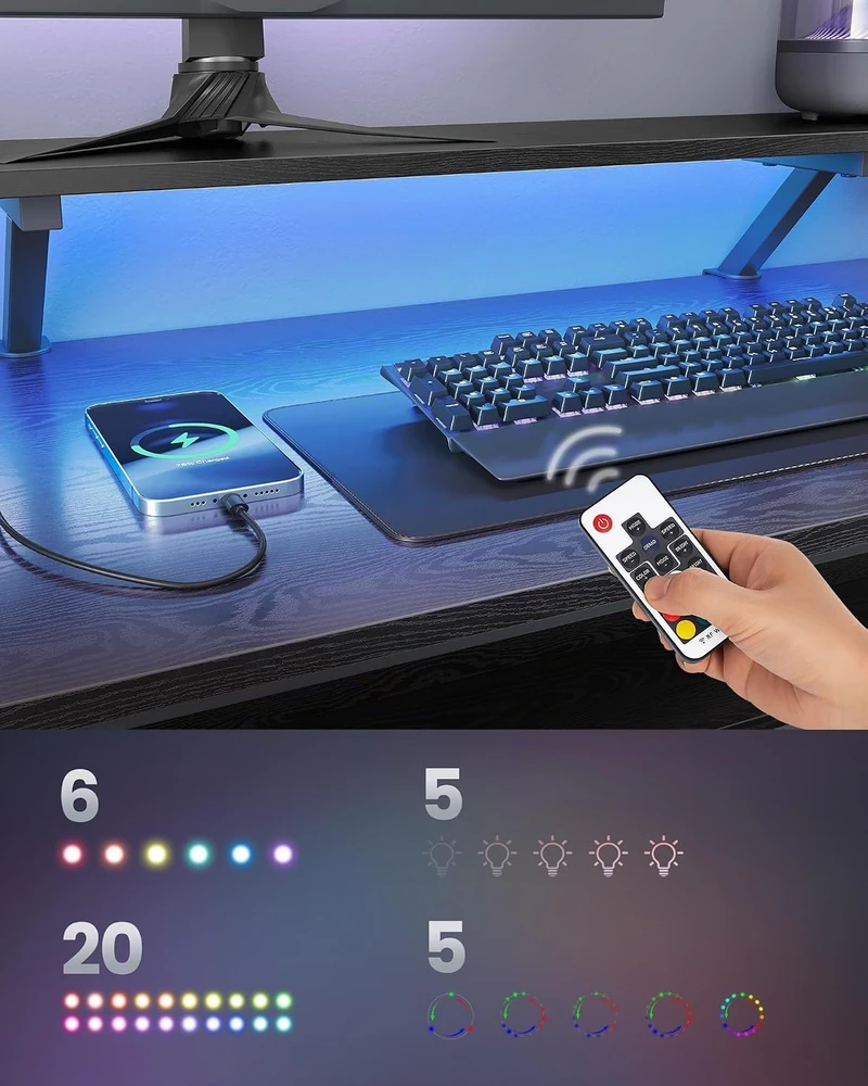 VASAGLE L formos kompiuterinis stalas su LED apšvietimu, USB jungtimis ir 2 stalčiais LWD095B01