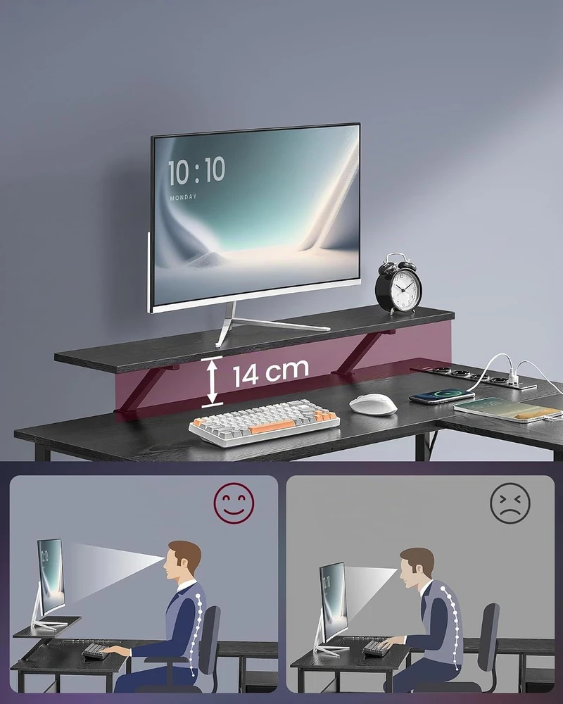 VASAGLE L formos kompiuterinis stalas su LED apšvietimu, USB jungtimis ir 2 stalčiais LWD095B01