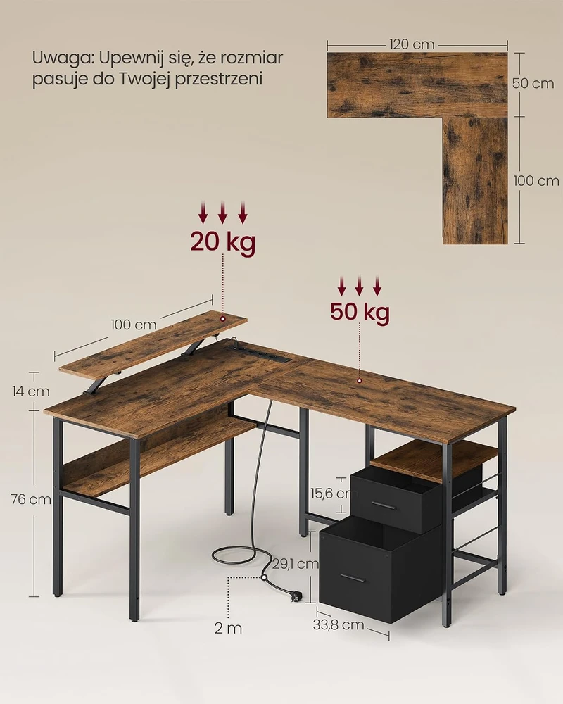 Vasagle "L" formos stalas su lizdais vintage ruda