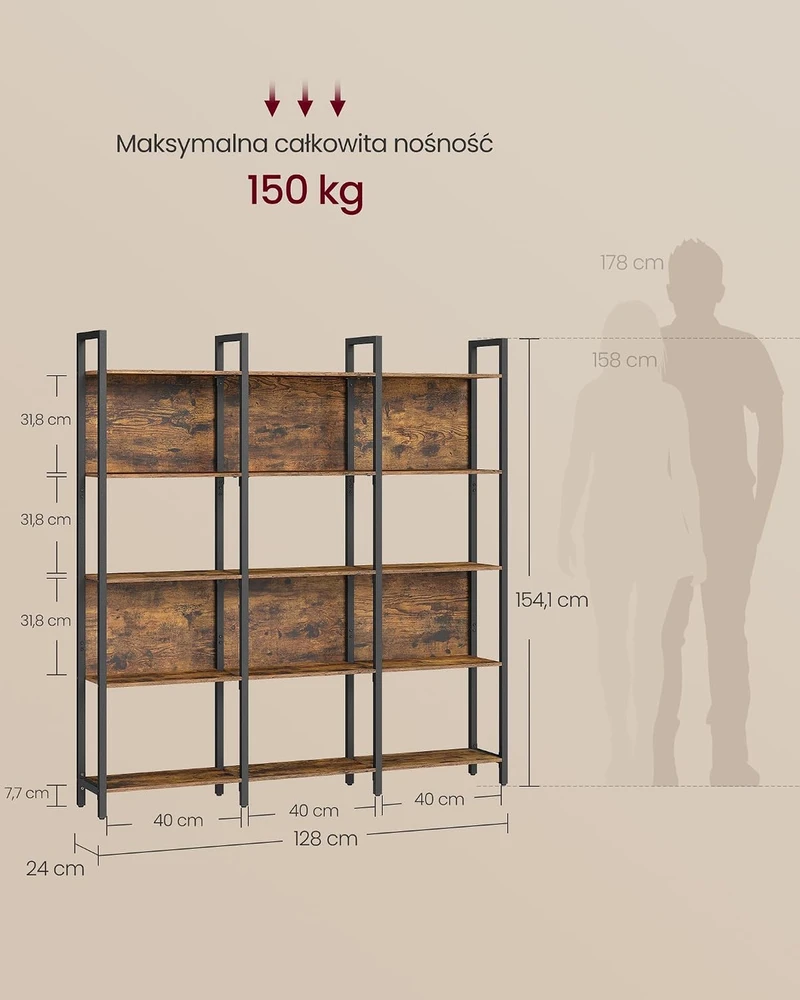 VASAGLE laisvai pastatoma knygų lentyna su 5 atviromis lentynomis, 24 × 24 × 154,1 cm, LLS150K01