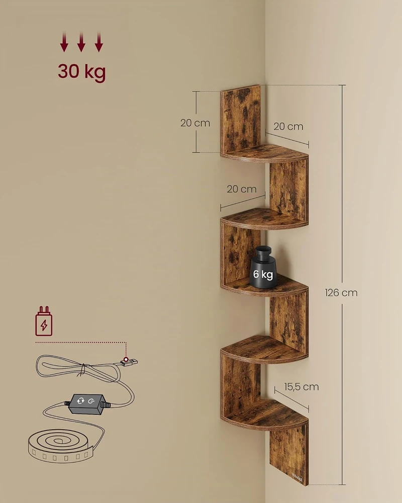 Vasagle Kampinė lentyna su LED apšvietimu, 20x20x126 cm