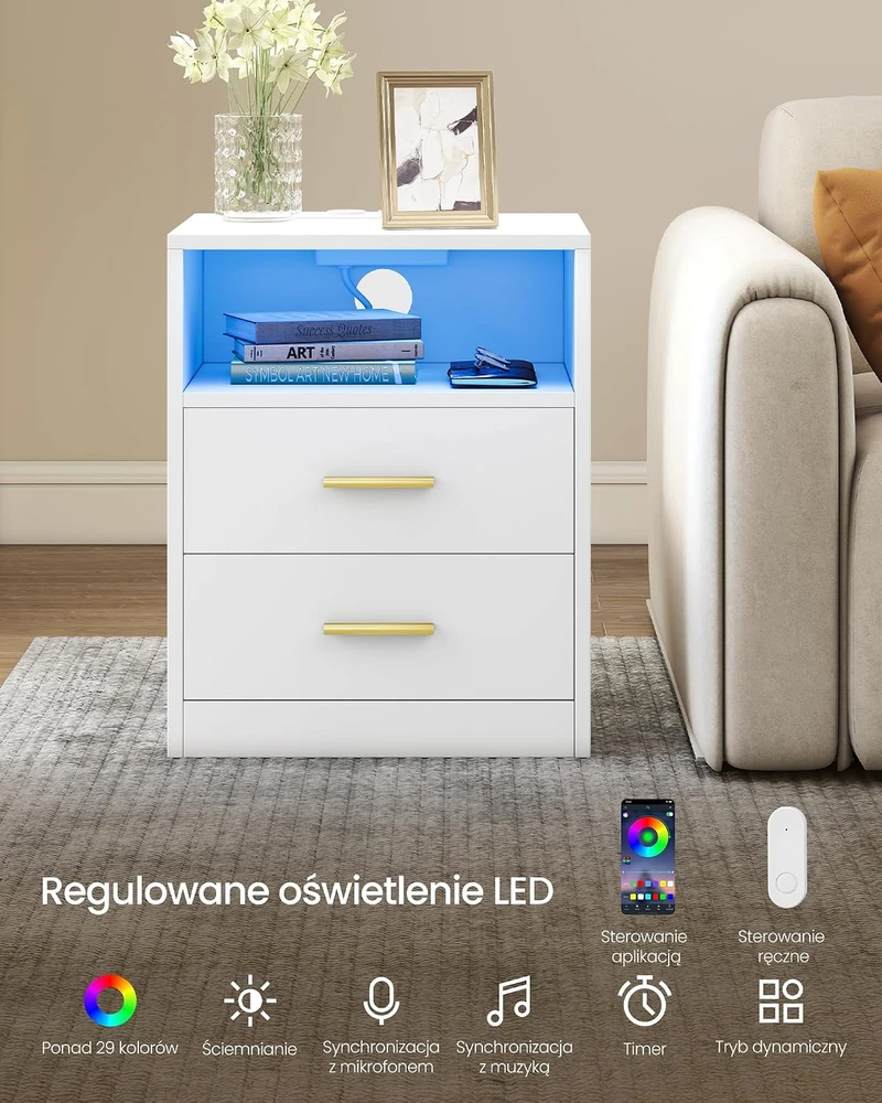 VASAGLE naktinis staliukas su LED apšvietimu, USB jungtimis ir 2 stalčiais LET629WB01