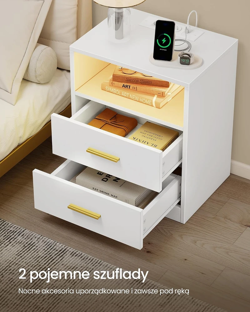 VASAGLE naktinis staliukas su LED apšvietimu, USB jungtimis ir 2 stalčiais LET629WB01