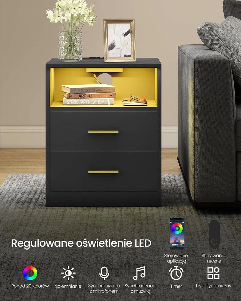 VASAGLE naktinių staliukų rinkinys su LED apšvietimu ir įkrovimo lizdais LET829BC01