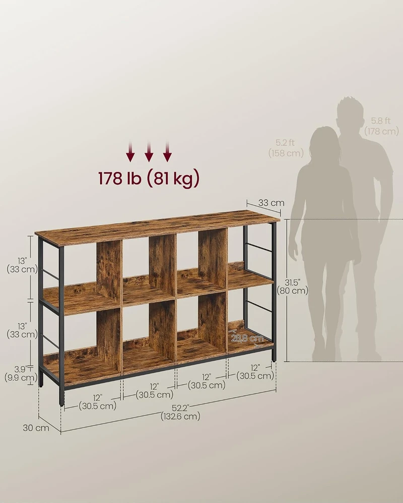 VASAGLE pastatoma 2 lygių knygų lentyna su 8 skyriais, 132,6 × 80 cm, LLS128K01