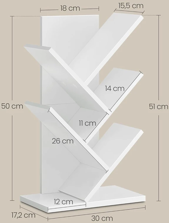 VASAGLE pastatoma kampinė knygų lentyna su 5 lentynomis, 17,2 × 30 × 51 cm, Tree Bookshelf