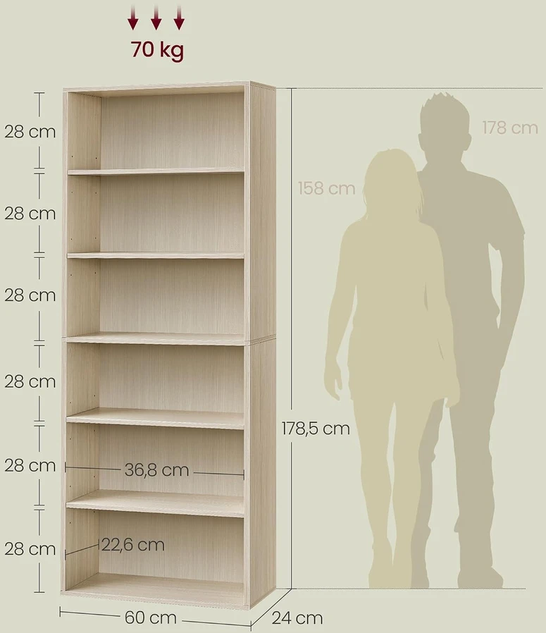 VASAGLE pastatoma knygų lentyna su 6 reguliuojamomis lentynomis, 24 x 60 x 178.5 cm, LBC169L01