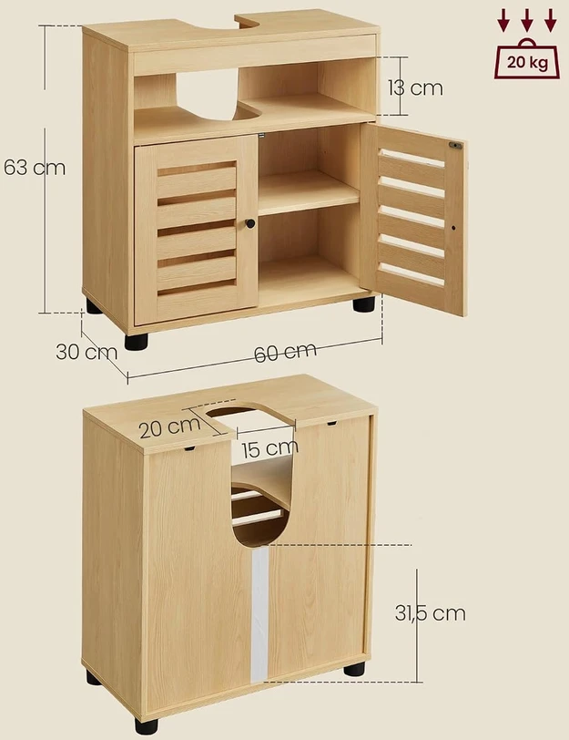 VASAGLE praustuvo spintelė 60 × 30 × 63 cm su reguliuojama lentyna BBK004YJ01