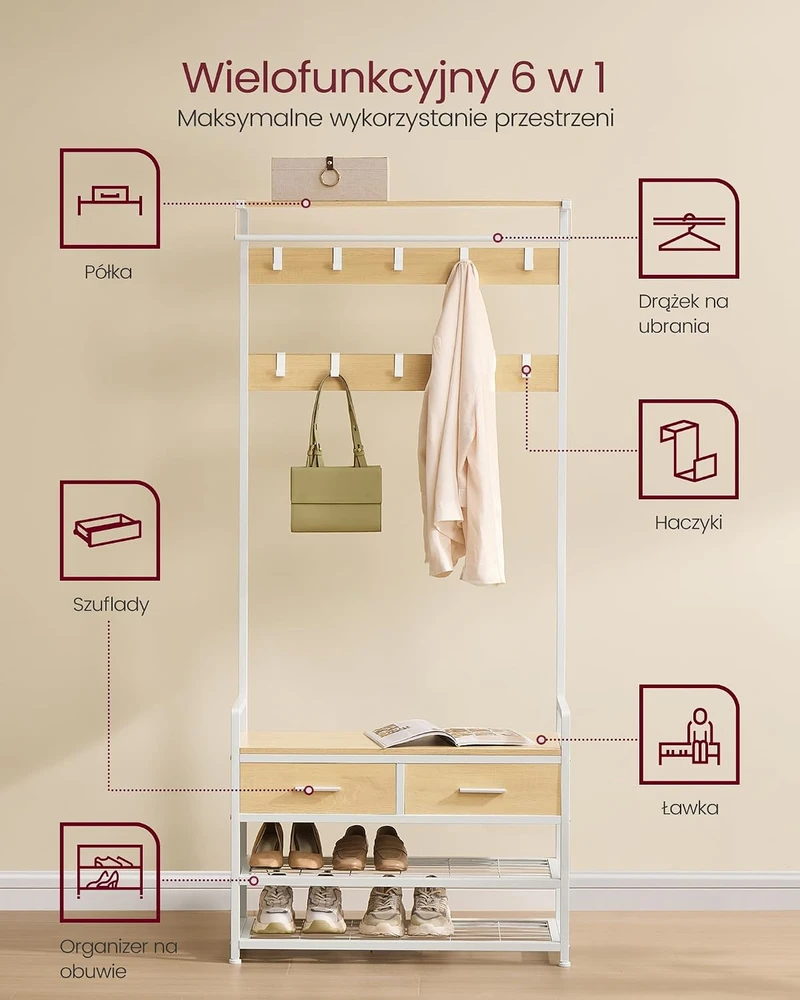 VASAGLE prieškambario drabužių kabykla su suoliuku, 10 kabliukų, 2 stalčiais, B0FQJJSTQJ