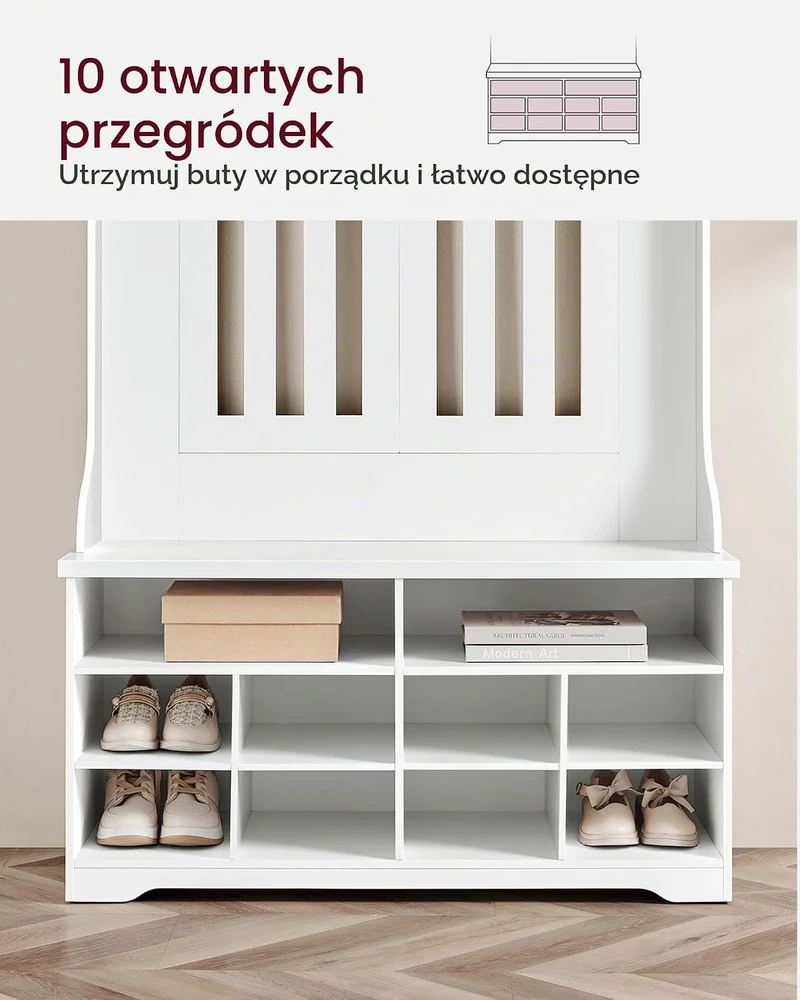 VASAGLE prieškambario garderoba su suoliuku, 5 kabliukais ir 10 skyrių HSR404T10YC