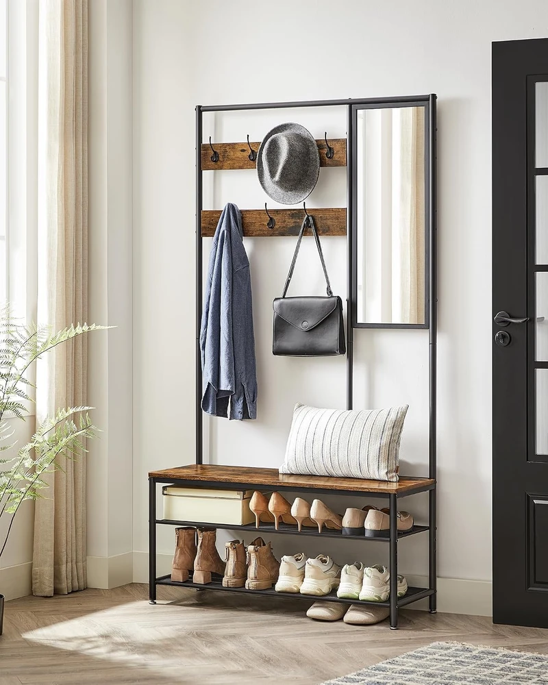 VASAGLE prieškambario kabykla su veidrodžiu, suoliuku ir 2 lentynomis, 35 × 98 × 180 cm 0194343034546
