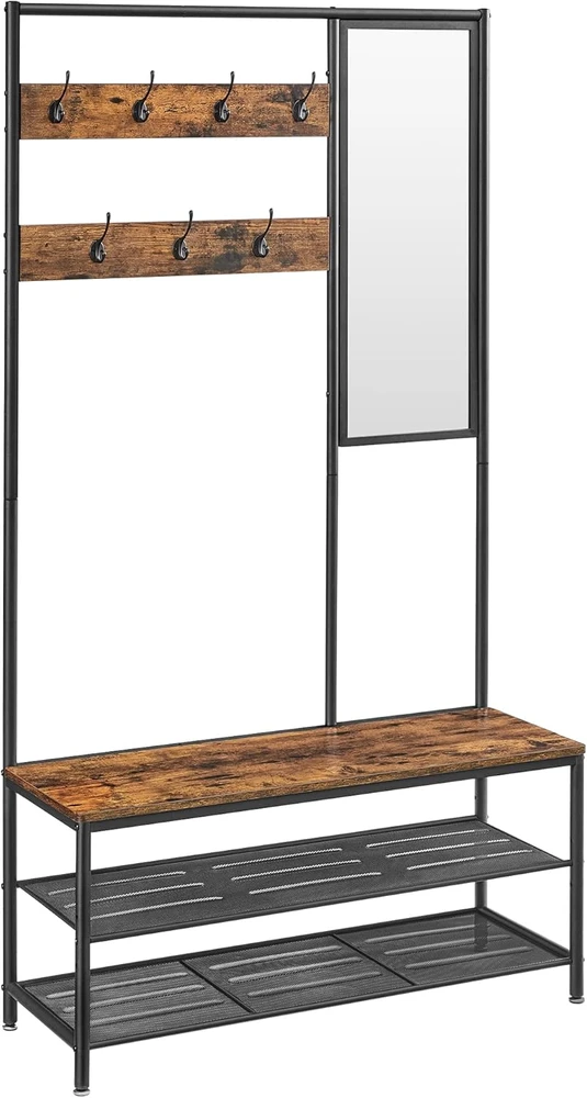 VASAGLE prieškambario kabykla su veidrodžiu, suoliuku ir 2 lentynomis, 35 × 98 × 180 cm 0194343034546