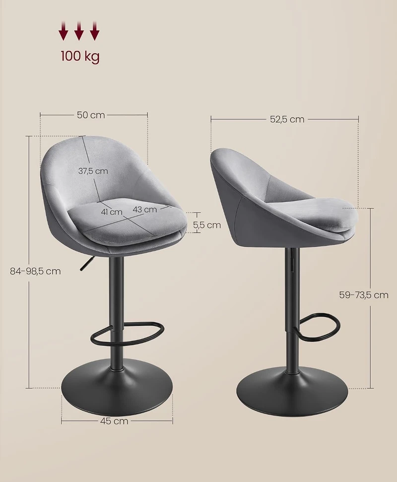 VASAGLE reguliuojamo aukščio baro kėdės su 360° pasukimu, 2 vnt., LJB110G01
