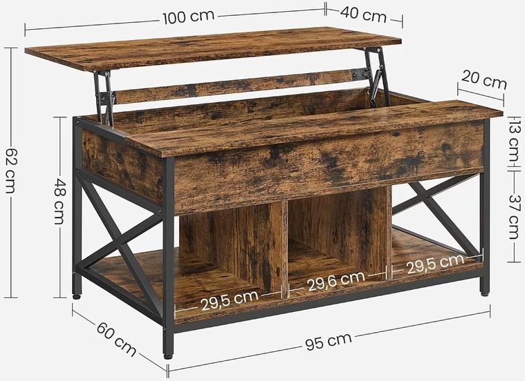 VASAGLE reguliuojamo aukščio kavos staliukas su pakeliamu stalviršiu 60 x 100 cm LCT205B01