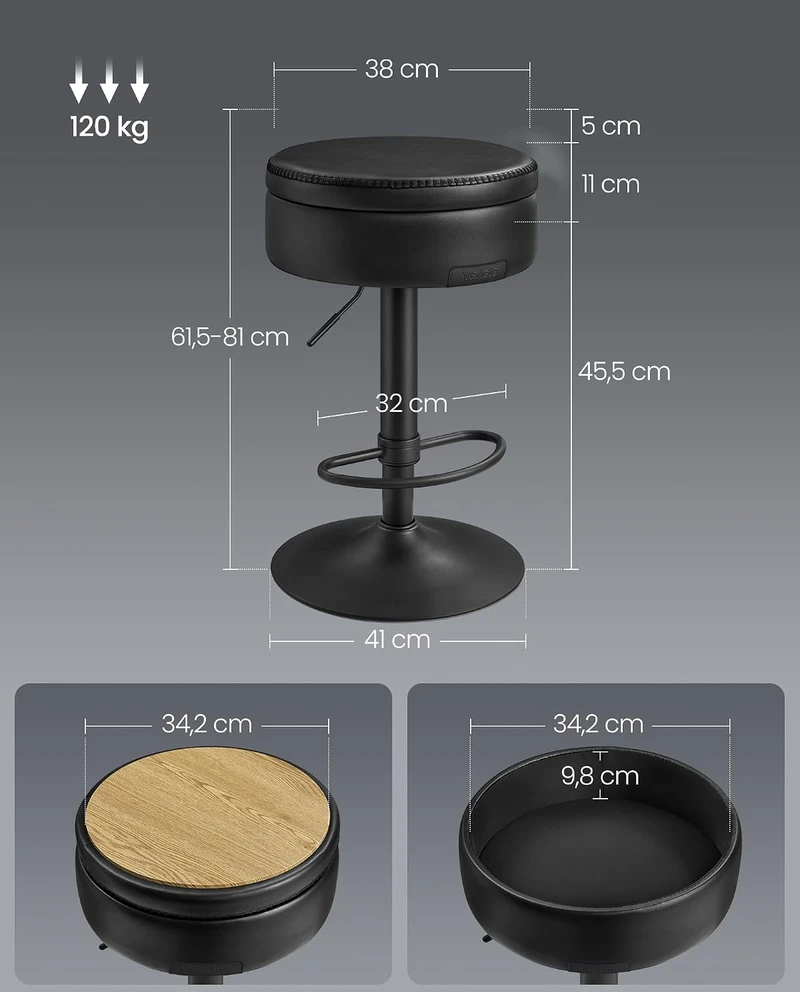 VASAGLE reguliuojamo aukščio pasukama baro kėdė 360° su daiktadėže LJB099B01V1