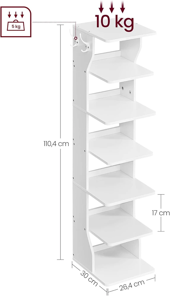VASAGLE siaura 7 aukštų batų lentyna su kabliukais, 30 × 26,4 × 110,4 cm, LBS200T14