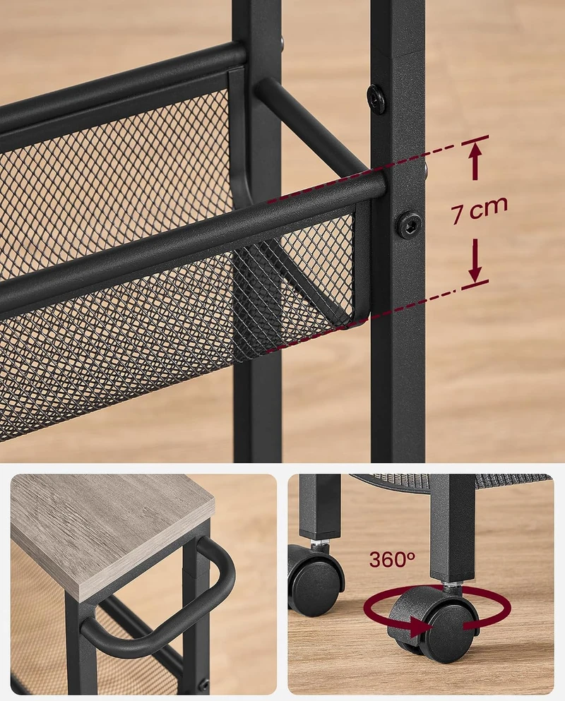 VASAGLE siauras 4 aukštų virtuvės vežimėlis su ratukais 13 × 45,4 × 77 cm LRC032K01