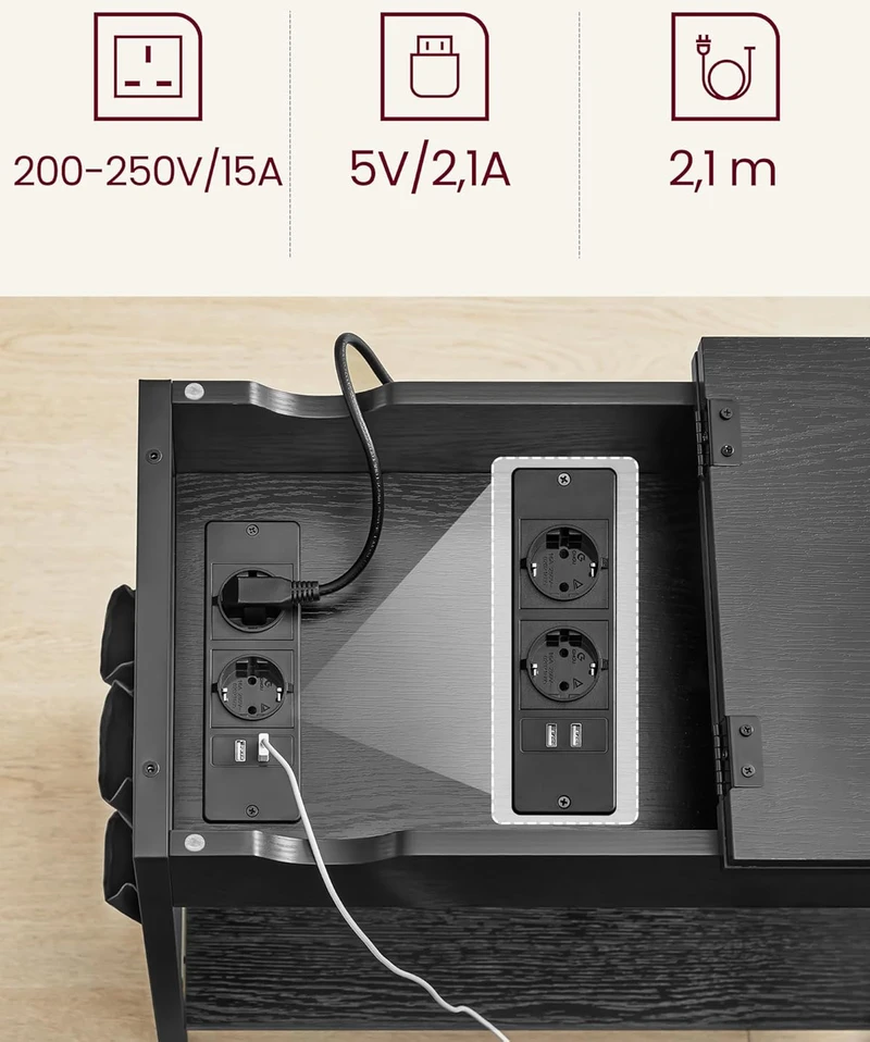 Vasagle Šoninis staliukas su elektros lizdu ir USB jungtimis, juodas su medžio tekstūra