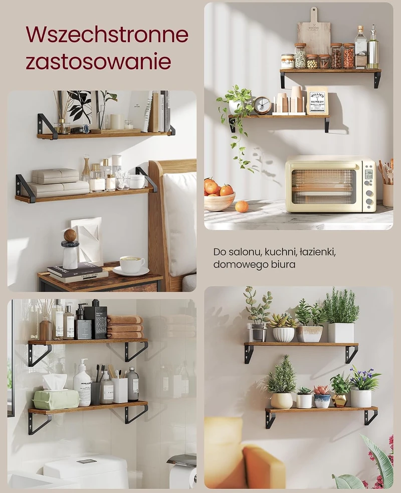 VASAGLE sieninės lentynos, 2 vnt., 60 cm, rudos ir matinės juodos, LWS062K01