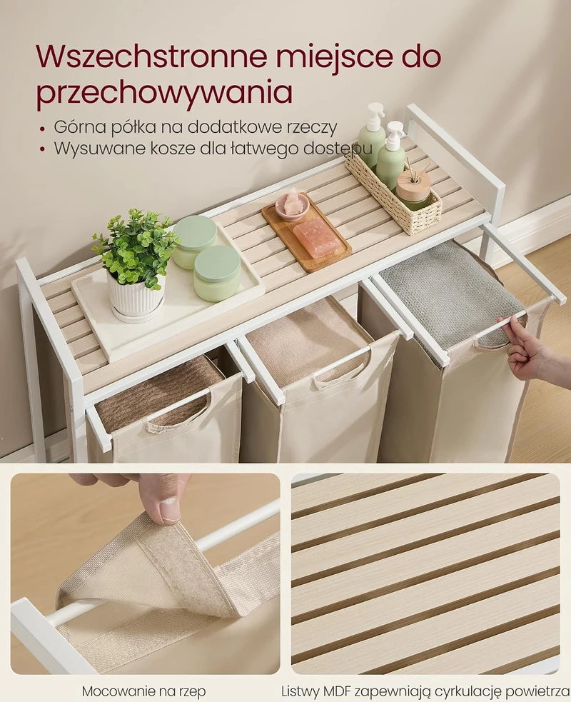 VASAGLE skalbinių krepšys su 3 skyriais ir lentyna, 3 × 40 l, BLH301LH01