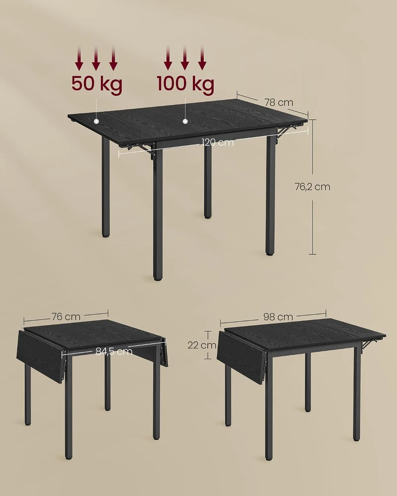 VASAGLE sulankstomas valgomojo stalas 2–4 asmenims, 78 x 120 cm, B34KDT077B03