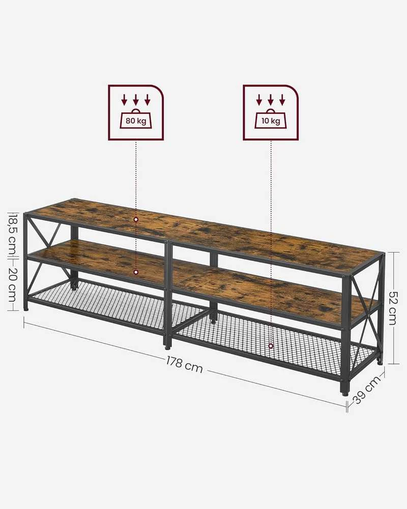 TV staliukas VASAGLE televizoriaus staliukas iki 75 colių, medinis, metalinis rėmas, 178 × 39 × 52 cm, rustykalus juodas LTV096B01