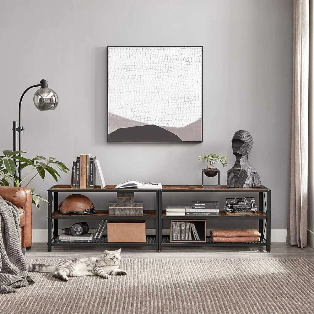 TV staliukas VASAGLE televizoriaus staliukas iki 75 colių, medinis, metalinis rėmas, 178 × 39 × 52 cm, rustykalus juodas LTV096B01