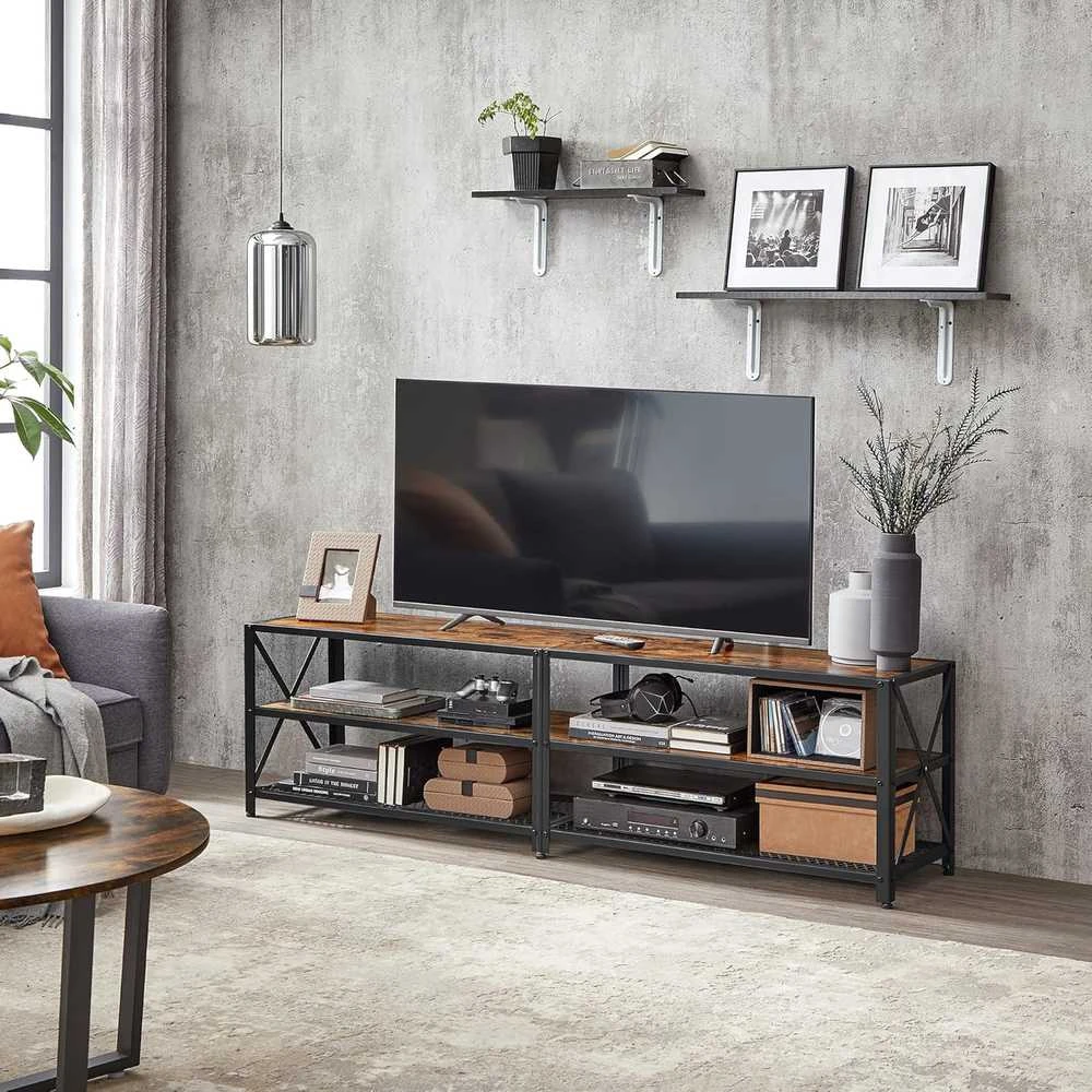 TV staliukas VASAGLE televizoriaus staliukas iki 75 colių, medinis, metalinis rėmas, 178 × 39 × 52 cm, rustykalus juodas LTV096B01