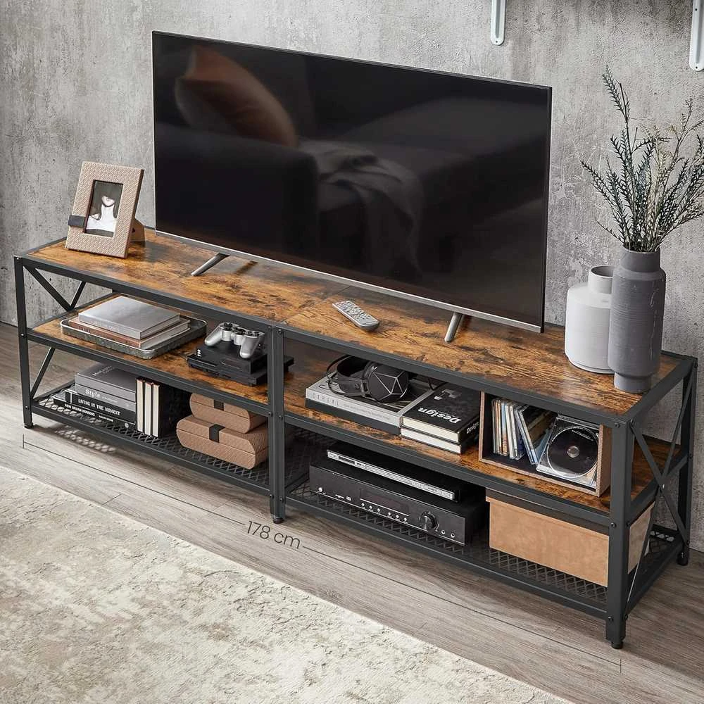 TV staliukas VASAGLE televizoriaus staliukas iki 75 colių, medinis, metalinis rėmas, 178 × 39 × 52 cm, rustykalus juodas LTV096B01