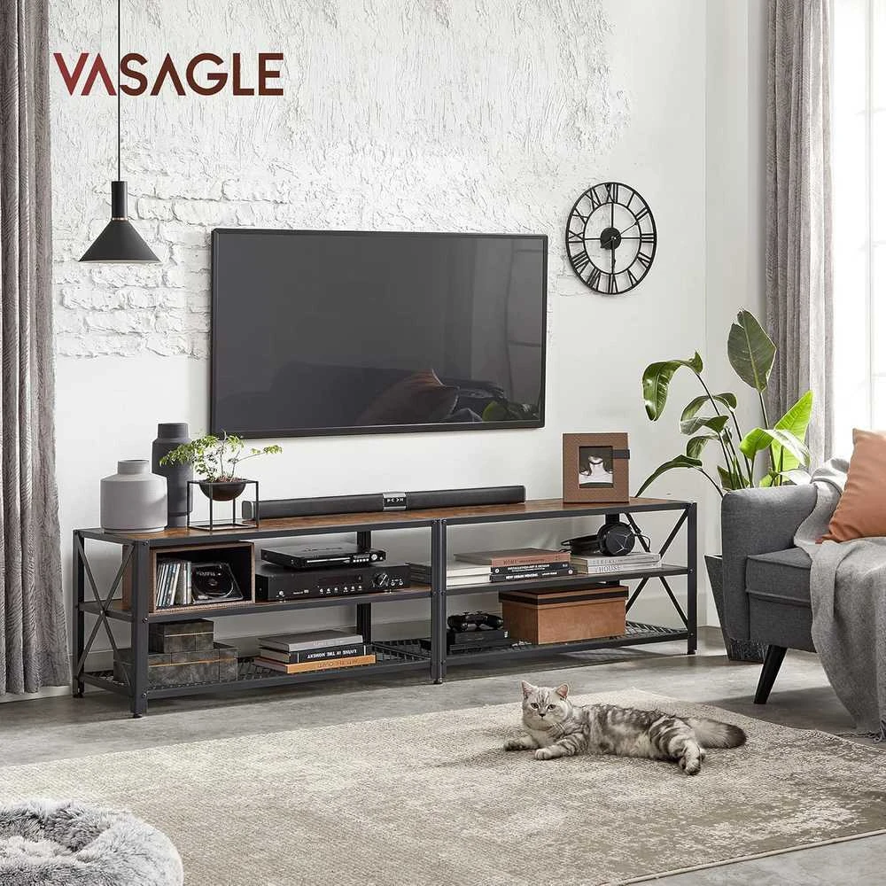 TV staliukas VASAGLE televizoriaus staliukas iki 75 colių, medinis, metalinis rėmas, 178 × 39 × 52 cm, rustykalus juodas LTV096B01