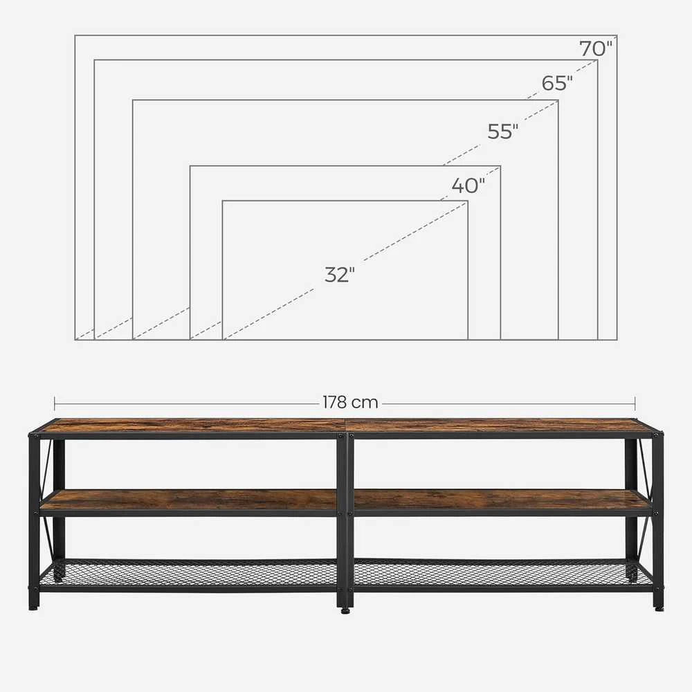 TV staliukas VASAGLE televizoriaus staliukas iki 75 colių, medinis, metalinis rėmas, 178 × 39 × 52 cm, rustykalus juodas LTV096B01