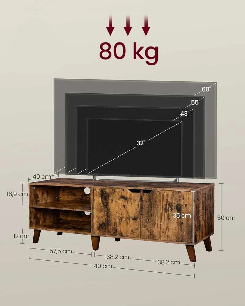 TV staliukas VASAGLE televizoriaus staliukas su reguliuojamomis lentynomis, 140 × 40 × 50 cm, ruda, iki 65 colių televizoriams, LTV027 × 01
